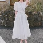 Puff-sleeve Plain Tie-waist Maxi Dress