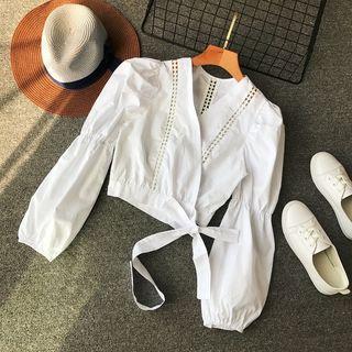 Balloon Sleeve Tie Waist Blouse