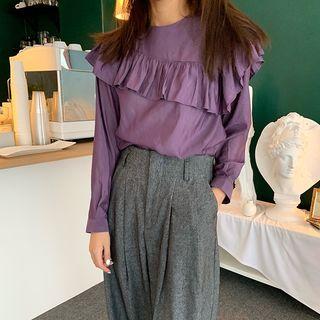 Long-sleeve Ruffle Trim Blouse / High-waist Dress Pants