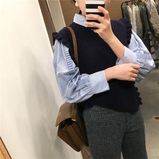 Ruffle-trim Knit Vest Navy Blue - One Size