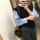 Ruffle-trim Knit Vest Navy Blue - One Size