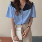 Short-sleeve Contrast Collar Blouse Blue - One Size
