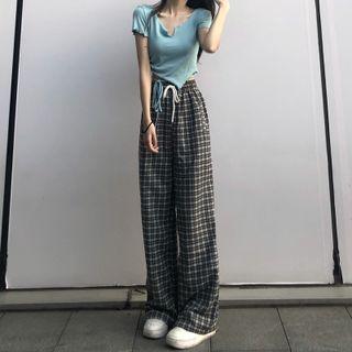 Short-sleeve Tie-waist Knit Crop Top / Plaid Wide Leg Pants