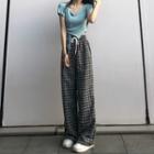 Short-sleeve Tie-waist Knit Crop Top / Plaid Wide Leg Pants