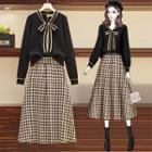 Set: Contrast Trim Lace-up Knit Top + Houndstooth A-line Skirt