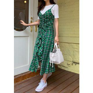 Ruffled Sleeveless Maxi Plaid Dress
