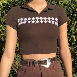 Short Sleeve Argyle Print Crop Shirt