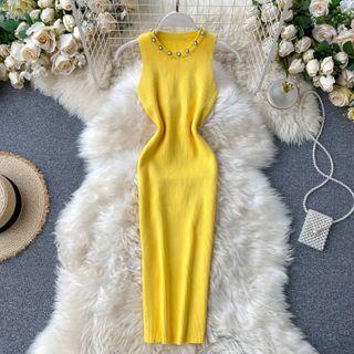 Sleeveless Faux Pearl Ribbed Midi Knit Dress