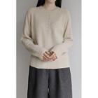 Henley-neck Wool Blend Knit Top Beige - One Size