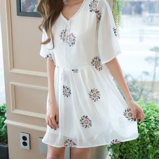 Print V-neck Short-sleeve Chiffon Dress