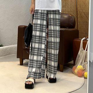 Plaid Pleated Wide-leg Pants