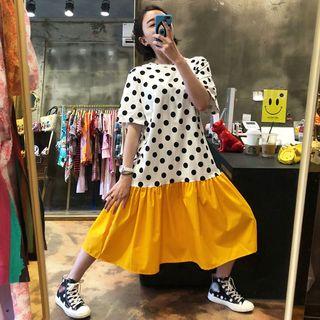 Dotted Short-sleeve Panel Midi Dress As Shown In Figure - One Size