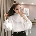 Bell-sleeve Lace Panel Bow Accent Ruffled Blouse