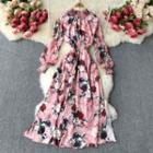Stand-collar Print Long-sleeve Dress