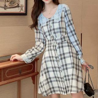 Long-sleeve Plaid Lace Trim A-line Dress