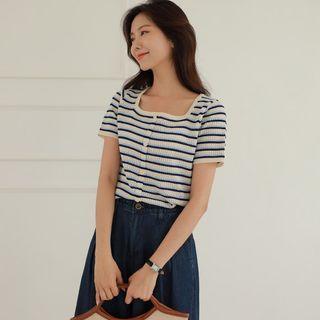 Square-neck Button-trim Stripe Knit Top