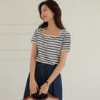Square-neck Button-trim Stripe Knit Top