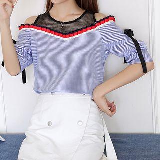 Striped Mesh Panel Cut Out Shoulder Elbow Sleeve Top