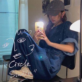 Short-sleeve Denim Jumpsuit Blue - One Size