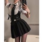 Short-sleeve Shirt / Underbust Corset Top / Tie / Mini A-line Skirt