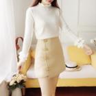 Set: Frilled Trim Beaded Sweater + Frog-button Mini Skirt / Sweater