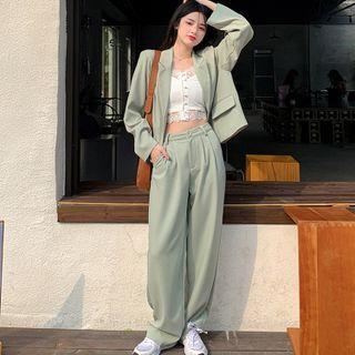 Plain Slit-back Blazer / High-waist Wide-leg Dress Pants