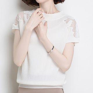 Short-sleeve Mock-neck Plain Loose Fit Knit Top