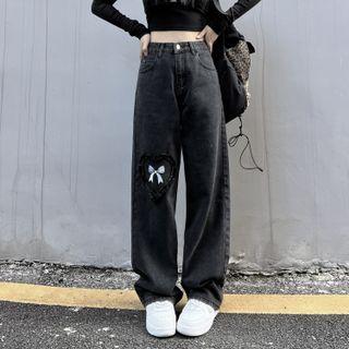Ribbon Embroidery Mid Rise Loose Fit Jeans