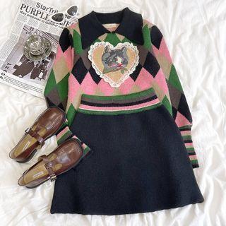 Cat Embroidered Argyle Collared Sweater / Mini A-line Skirt