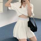 Short-sleeve Lettering Drawstring Cropped Polo Shirt / A-line Skirt