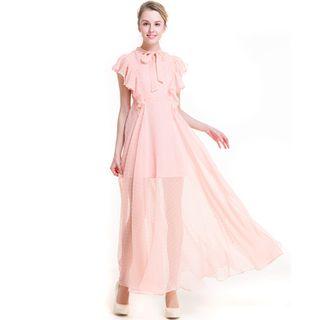 Ruffle Trim Cap-sleeve Maxi Chiffon Dress
