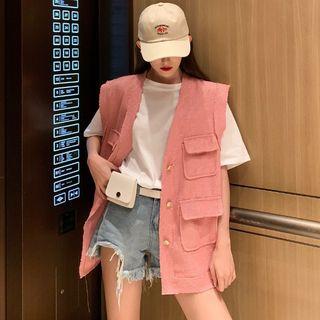 Crew-neck Elbow-sleeve T-shirt / Pocket Detail Button Vest