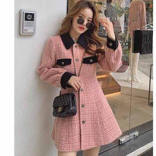 Long-sleeve Plaid Mini A-line Wool Shirtdress