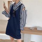 Striped Cut-out Shirt / Denim Mini Jumper Dress