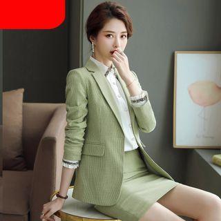 Plaid Blazer / Contrast Trim Shirt / Mini Pencil Skirt / Dress Pants