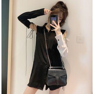Cutout-sleeve Colorblock Long Shirt Black & White - One Size