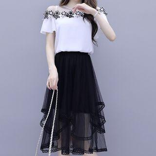 Set: Mesh Panel Flower Detail Cold Shoulder Blouse + A-line Skirt