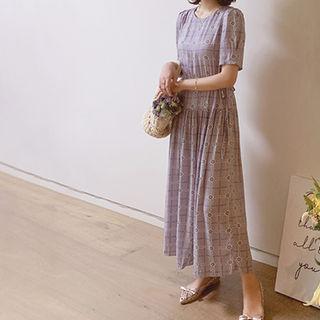Round-neck Drawstring-waist Pattern Dress