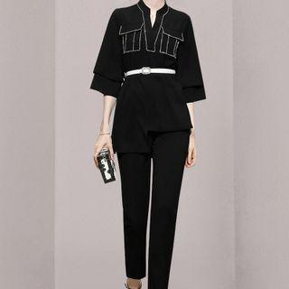 Set: 3/4-sleeve Split-neck Top + Straight-leg Pants