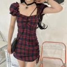 Puff-sleeve Plaid Drawstring Mini Dress