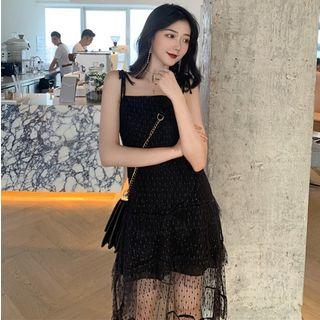 Spaghetti Strap Patterned Mesh A-line Dress