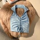 Halter-neck Drawstring Polo-neck Top Blue - One Size