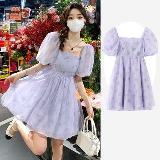 Puff-sleeve Square-neck Butterfly Print A-line Dress