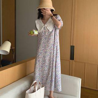 Puff-sleeve Collar Floral Midi Dress