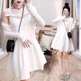 Set: Spaghetti-strap Knit Mini A-line Dress + Cardigan