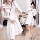 Set: Spaghetti-strap Knit Mini A-line Dress + Cardigan