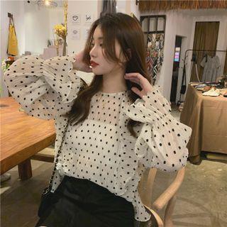 Long-sleeve Round Neck Ruffled Trim Dotted Chiffon Blouse Almond - One Size
