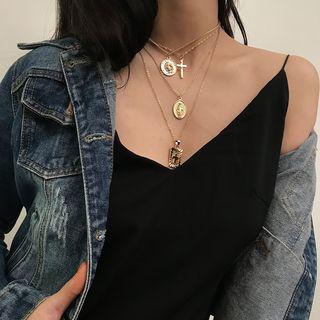 Coin & Cross Pendant Layered Choker Necklace