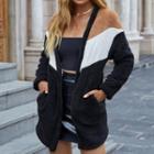 Color-block Striped Pocket Fluffy Open Front Long Jacket