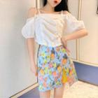 Elbow-sleeve Cold-shoulder Blouse / Floral Print Mini A-line Skirt